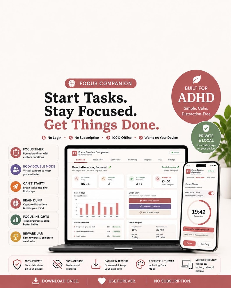 May include: A digital product advertisement for Focus Companion software, featuring a laptop and smartphone displaying a task management interface. The text highlights features like a focus timer, body double mode, and brain dump, emphasizing privacy.