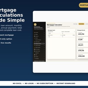May include: A digital mortgage calculator tool interface displayed on a dark blue background. The screen shows input fields for purchase price, interest rate, and loan term, alongside calculated results for loan amount and payments in British pounds.
