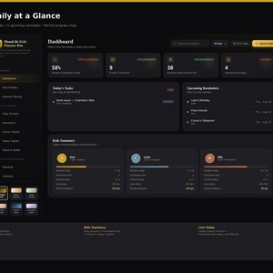 May include: A digital dashboard interface titled Your Family at a Glance, featuring a dark theme with gold accents. It includes sections for daily tasks, upcoming reminders, and a kids summary with progress bars for Ava, Liam, and Mia.