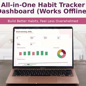 May include: A rose gold laptop displays a habit tracker dashboard with data visualizations. The screen shows a progress chart, a pie chart, and numerical data. Text at the top reads "All-in-One Habit Tracker Dashboard (Works Offline)". A video tutorial icon is in the bottom right.