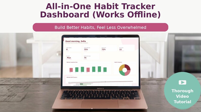 May include: A rose gold laptop displays a habit tracker dashboard with data visualizations. The screen shows a progress chart, a pie chart, and numerical data. Text at the top reads "All-in-One Habit Tracker Dashboard (Works Offline)". A video tutorial icon is in the bottom right.