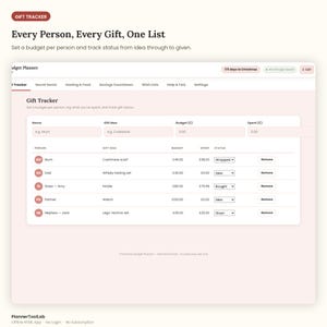 May include: A digital gift tracker interface featuring a table with columns for name, gift idea, budget, spent, and status. The header displays 'GIFT TRACKER' and 'Every Person, Every Gift, One List'. Rows include entries for family members with specific gift ideas and financial tracking.