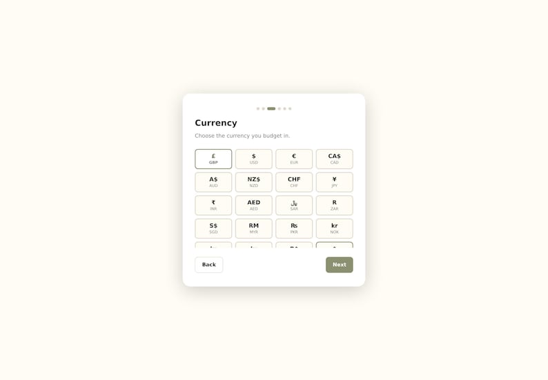 May include: A digital interface window titled Currency with the instruction Choose the currency you budget in. It features a grid of rectangular buttons displaying various international currency symbols and codes, with a Back and Next button below.