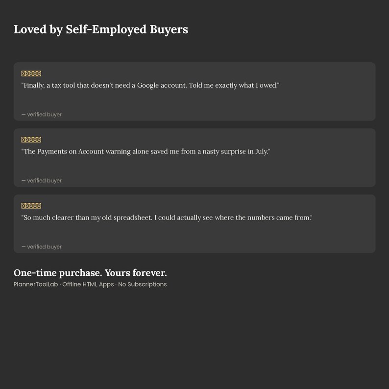 May include: A dark gray graphic featuring the heading Loved by Self-Employed Buyers, followed by three customer reviews with five-star icons. The text includes One-time purchase. Yours forever. PlannerToolLab - Offline HTML Apps - No Subscriptions.