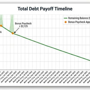 May include: A line graph titled Total Debt Payoff Timeline showing a downward trend from $36,820 to $0 over 37 months. A green line represents the remaining balance, while orange dots indicate bonus paychecks of $2,125 applied to the debt.