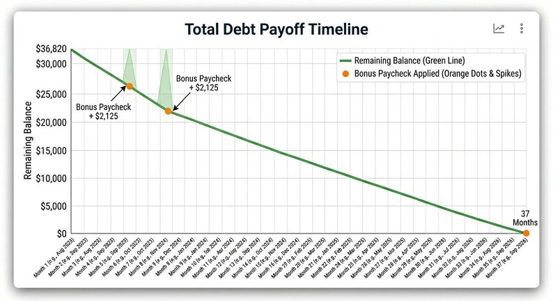 May include: A line graph titled Total Debt Payoff Timeline showing a downward trend from $36,820 to $0 over 37 months. A green line represents the remaining balance, while orange dots indicate bonus paychecks of $2,125 applied to the debt.