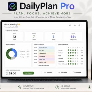 K&ouml;nnte beinhalten: Eine digitale Planungssoftware-Oberfl&auml;che namens DailyPlan Pro, angezeigt auf einem Laptop, Tablet und Smartphone. Der Bildschirm zeigt ein Dashboard mit Aufgabenlisten, Gewohnheits-Trackern, einem Zeitplan und einem Fokus-Timer.