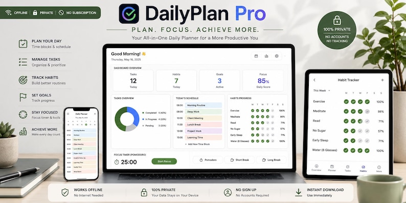K&ouml;nnte beinhalten: Eine digitale Planungssoftware-Oberfl&auml;che namens DailyPlan Pro, angezeigt auf einem Laptop, Tablet und Smartphone. Der Bildschirm zeigt ein Dashboard mit Aufgabenlisten, Gewohnheits-Trackern, einem Zeitplan und einem Fokus-Timer.