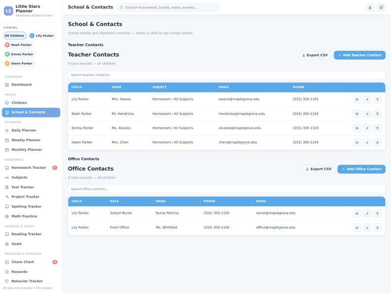 May include: A digital interface for the Little Stars Planner showing a School and Contacts page. The layout features a left sidebar navigation menu and two main tables titled Teacher Contacts and Office Contacts with columns for names and details.