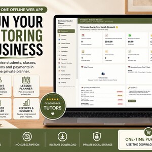 May include: A laptop displaying a Freelance Teacher Planner web app interface with a dashboard showing student data, lesson schedules, and financial summaries. The screen includes text like Run Your Tutoring Business and Student Manager.