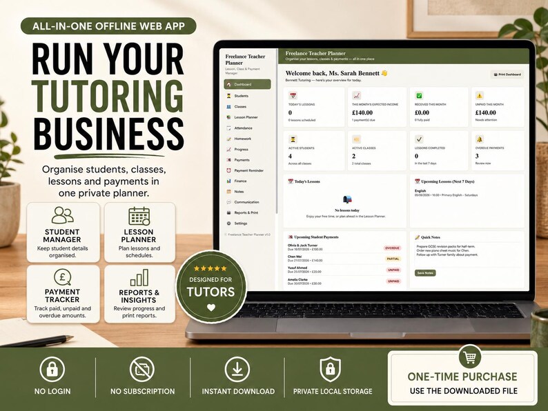 May include: A laptop displaying a Freelance Teacher Planner web app interface with a dashboard showing student data, lesson schedules, and financial summaries. The screen includes text like Run Your Tutoring Business and Student Manager.