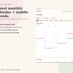 May include: A digital content planner interface displaying a visual monthly calendar and mobile agenda for August 2026. The layout includes filter options for platforms, content types, and pillars, with text listing features like month views, editing capabilities, and PDF export options.
