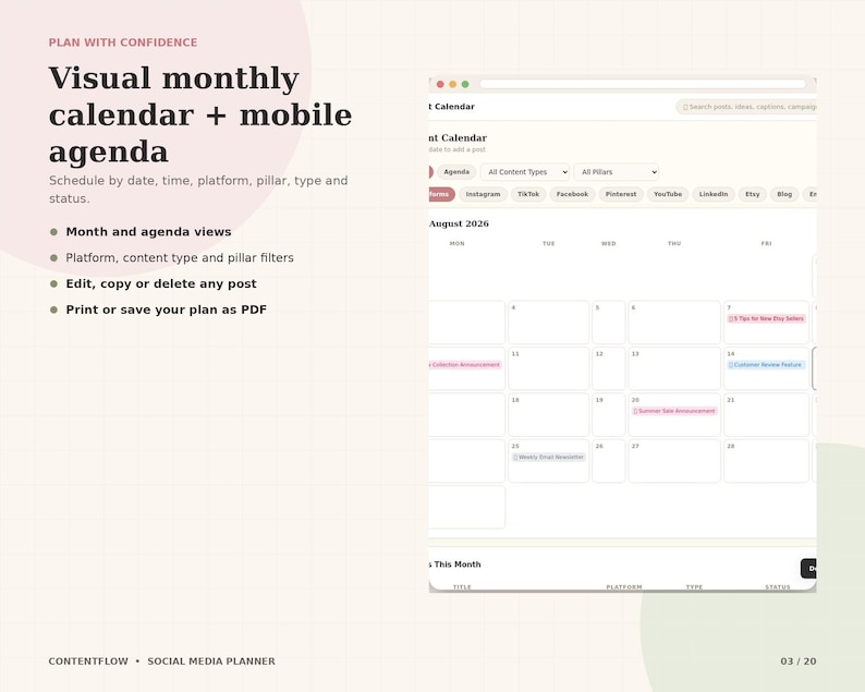May include: A digital content planner interface displaying a visual monthly calendar and mobile agenda for August 2026. The layout includes filter options for platforms, content types, and pillars, with text listing features like month views, editing capabilities, and PDF export options.