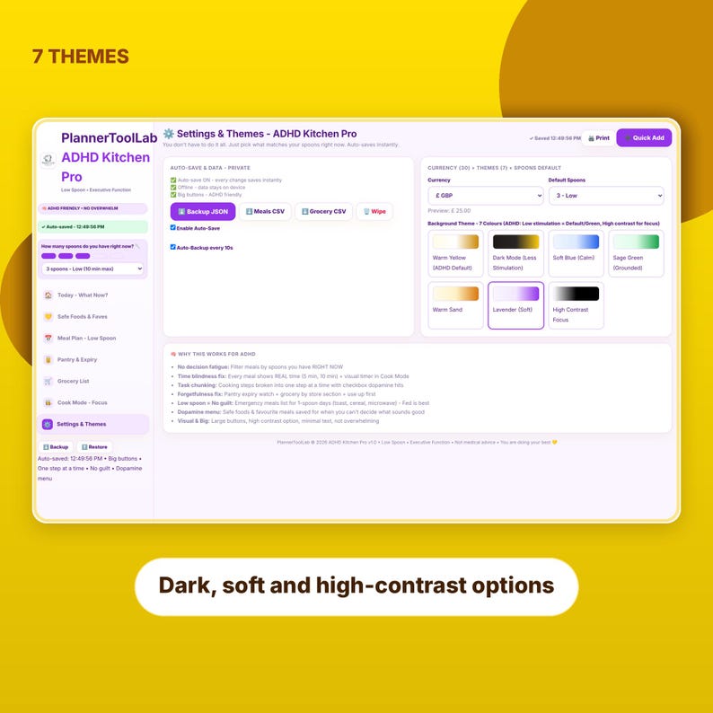 May include: A digital interface for PlannerToolLab ADHD Kitchen Pro showing settings and themes. The screen displays options for auto-save, data management, currency, and seven color themes including Warm Yellow, Lavender, and High Contrast.