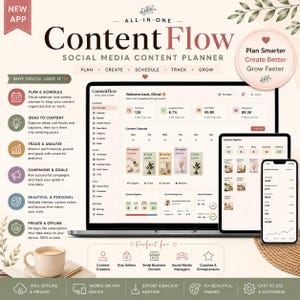 May include: A digital social media content planner titled Content Flow displayed on a laptop, tablet, and smartphone screen. The interface shows a content calendar, analytics, and pipeline features. The design includes text, icons, and a coffee mug.