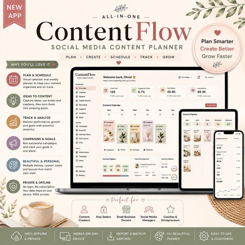 May include: A digital social media content planner titled Content Flow displayed on a laptop, tablet, and smartphone screen. The interface shows a content calendar, analytics, and pipeline features. The design includes text, icons, and a coffee mug.