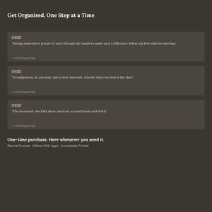 May include: A dark gray digital interface featuring the heading Get Organised, One Step at a Time. It displays three customer testimonials with five-star icons, followed by the text One-time purchase. Here whenever you need it. PlannerToolLab.