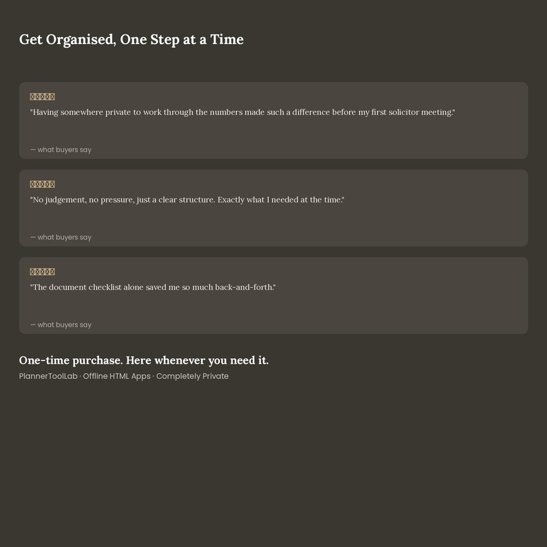 May include: A dark gray digital interface featuring the heading Get Organised, One Step at a Time. It displays three customer testimonials with five-star icons, followed by the text One-time purchase. Here whenever you need it. PlannerToolLab.