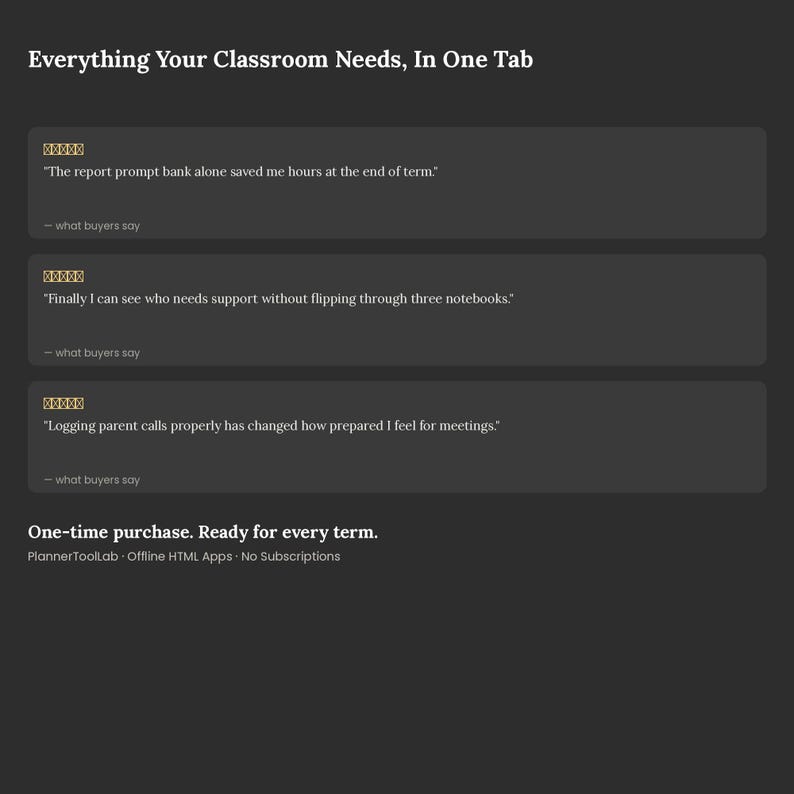 May include: A dark gray digital interface featuring the heading Everything Your Classroom Needs, In One Tab. It displays three customer testimonials with five-star icons, followed by the text One-time purchase. Ready for every term. PlannerToolLab.