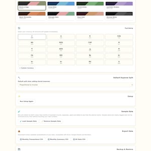 May include: A digital settings interface for a Couple's Budget Planner. The screen displays fields for partner names, background theme color options, currency selection buttons, default expense split settings, and buttons for data management.