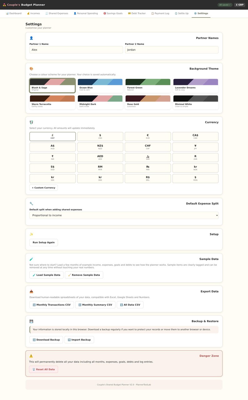 May include: A digital settings interface for a Couple's Budget Planner. The screen displays fields for partner names, background theme color options, currency selection buttons, default expense split settings, and buttons for data management.