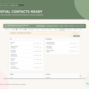Puede incluir: Un panel digital interactivo titulado Elderly Parent Caregiver Dashboard con secciones para contactos de GP y Care Agency. La interfaz presenta un esquema de color verde y blanco con listas organizadas para detalles de contacto m&eacute;dicos y profesionales.