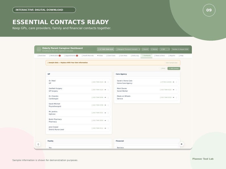 Puede incluir: Un panel digital interactivo titulado Elderly Parent Caregiver Dashboard con secciones para contactos de GP y Care Agency. La interfaz presenta un esquema de color verde y blanco con listas organizadas para detalles de contacto m&eacute;dicos y profesionales.