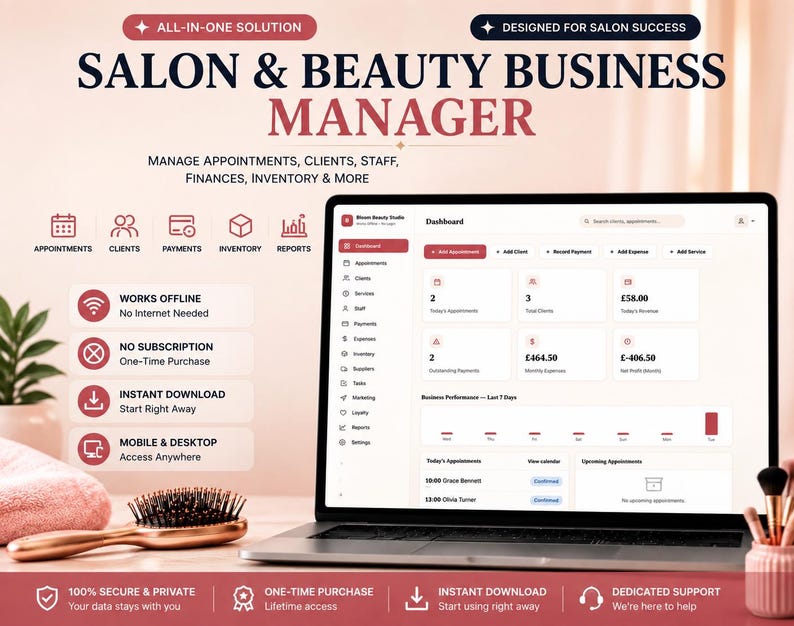 May include: A digital salon and beauty business manager software displayed on a laptop screen. The interface shows a dashboard with appointments, clients, payments, and reports. Text includes All-in-One Solution, Designed for Salon Success, and features like Works Offline, No Subscription, and Instant Download.
