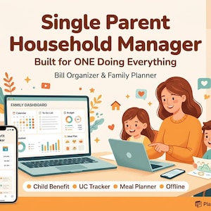 Single Parent Planner App | Bill Organizer and Paycheck Budget | Family Meal & Chore Manager | Offline HTML Tool No Excel