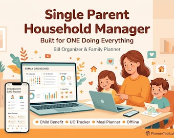 Single Parent Planner App | Bill Organizer and Paycheck Budget | Family Meal & Chore Manager | Offline HTML Tool No Excel