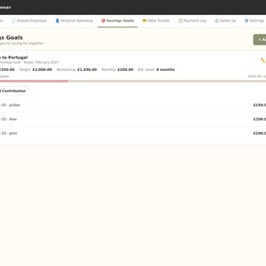 May include: A digital Couple's Budget Planner interface displaying a Savings Goals page. The screen shows a Trip to Portugal fund with a &pound;550.00 saved amount, a &pound;2,000.00 target, and a list of contributions from Jordan, Alex, and a joint account.