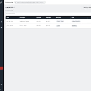 May include: A digital dashboard interface titled Garage Command displaying a payments table with columns for date, customer, invoice, amount, method, and type. The sidebar lists navigation options including dashboard, customers, vehicles, and repair orders.