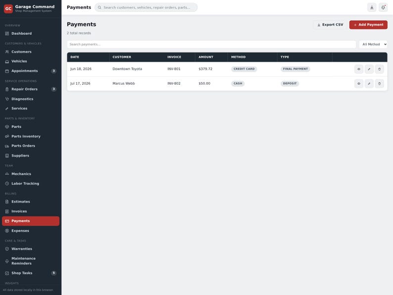 May include: A digital dashboard interface titled Garage Command displaying a payments table with columns for date, customer, invoice, amount, method, and type. The sidebar lists navigation options including dashboard, customers, vehicles, and repair orders.
