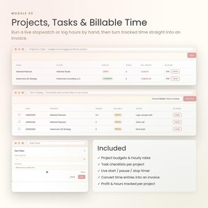 May include: A digital interface display titled Module 03 Projects, Tasks & Billable Time. It features tables for project tracking, time logging, and a timer window. The layout includes columns for names, clients, status, tasks, profit, and actions.