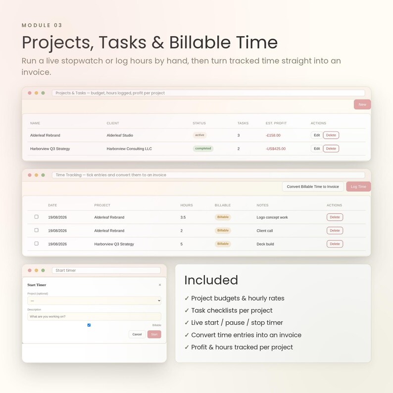 May include: A digital interface display titled Module 03 Projects, Tasks & Billable Time. It features tables for project tracking, time logging, and a timer window. The layout includes columns for names, clients, status, tasks, profit, and actions.