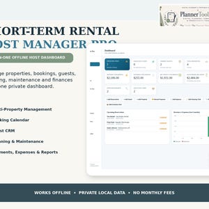 May include: A digital dashboard interface titled Short-Term Rental Host Manager Pro. The screen displays financial metrics, booking data, and property management tools. Features include multi-property management, a booking calendar, guest CRM, and maintenance tracking.