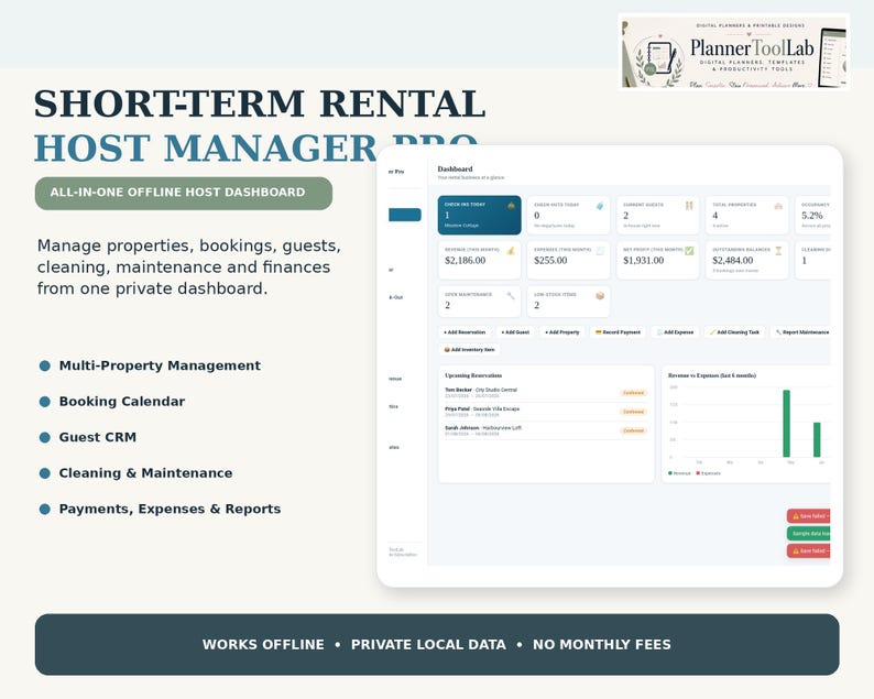May include: A digital dashboard interface titled Short-Term Rental Host Manager Pro. The screen displays financial metrics, booking data, and property management tools. Features include multi-property management, a booking calendar, guest CRM, and maintenance tracking.