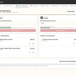 May include: A digital Couple's Budget Planner interface showing a Personal Spending dashboard for August 2026. It features two sections for Alex and Jordan, displaying monthly spending allowances, transaction lists with categories, and expense amounts in GBP.
