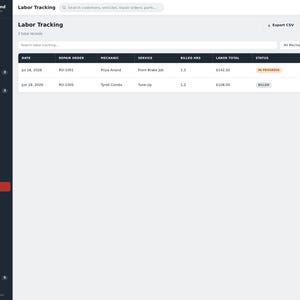 May include: A digital dashboard interface titled Labor Tracking for Garage Command shop management software. The screen displays a table with columns for date, repair order, mechanic, service, billed hours, labor total, and status, with two entries.