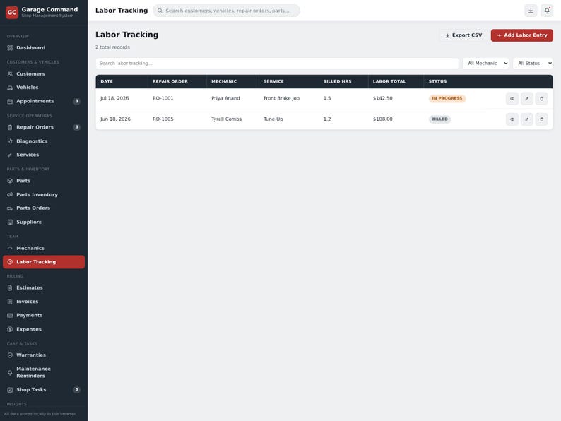 May include: A digital dashboard interface titled Labor Tracking for Garage Command shop management software. The screen displays a table with columns for date, repair order, mechanic, service, billed hours, labor total, and status, with two entries.