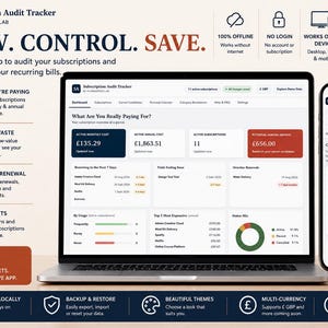 May include: A digital subscription audit tracker application displayed on a laptop screen and a smartphone. The interface shows financial data, including monthly and annual costs, active subscriptions, and potential savings, with text labels like KNOW. CONTROL. SAVE.