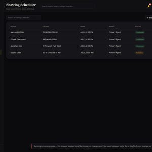 May include: A dark-themed Real Estate CRM Planner interface displaying a Showing Scheduler dashboard. The screen features a sidebar navigation menu and a main table listing buyers, property addresses, appointment times, agents, and status labels.