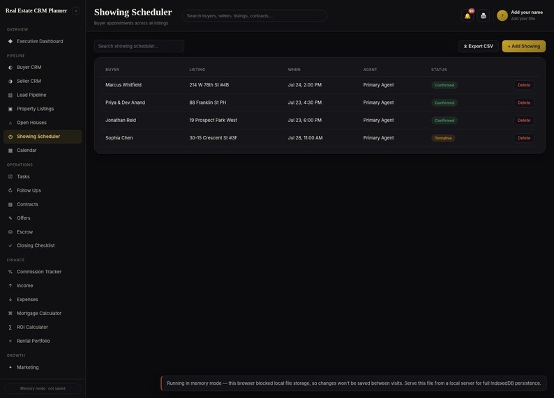 May include: A dark-themed Real Estate CRM Planner interface displaying a Showing Scheduler dashboard. The screen features a sidebar navigation menu and a main table listing buyers, property addresses, appointment times, agents, and status labels.
