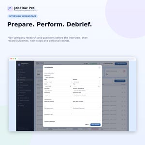 May include: A digital interface for JobFlow Pro showing an Interview Workspace. The screen displays a Log Interview modal window with fields for application details, interview type, date, time, interviewer, and preparation notes for job seekers.
