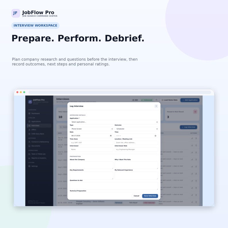 May include: A digital interface for JobFlow Pro showing an Interview Workspace. The screen displays a Log Interview modal window with fields for application details, interview type, date, time, interviewer, and preparation notes for job seekers.