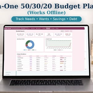 May include: A laptop screen displaying an All-in-One 50/30/20 Budget Planner with the text Works Offline and Track Needs, Wants, Savings, Debt. The interface shows monthly reports, a pie chart, a line graph, and a detailed category breakdown table.