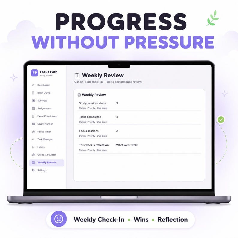 May include: A laptop screen displaying the Focus Path study planner interface with the text PROGRESS WITHOUT PRESSURE at the top. The dashboard shows a Weekly Review section with metrics for study sessions, tasks, and reflections.