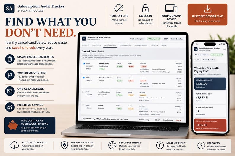 May include: A digital Subscription Audit Tracker displayed on a laptop screen and a smartphone. The interface shows lists of subscriptions, cancel candidates, and financial summaries with text including Find What You Don't Need and Potential Savings.
