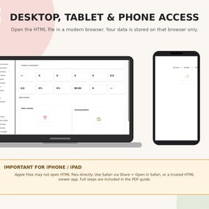 May include: A digital planner interface displayed on a laptop and smartphone screen. Text reads: DESKTOP, TABLET & PHONE ACCESS. Open the HTML file in a modern browser. IMPORTANT FOR IPHONE / IPAD. Apple Files may not open HTML files directly.