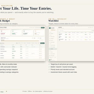 May include: A digital interface display titled Budget Your Life. Time Your Entries. featuring two main sections: Expense & Budget and Watchlist. The layout includes data tables, category pills, monthly totals, and investment tracking fields.